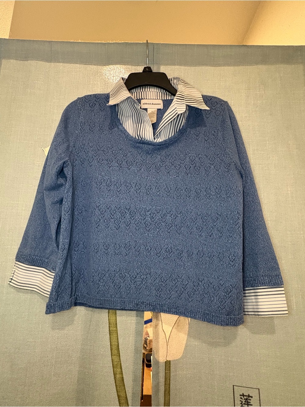 Alfred Dunner Blue Textured Knit Sweater with Striped Collar🩵💙